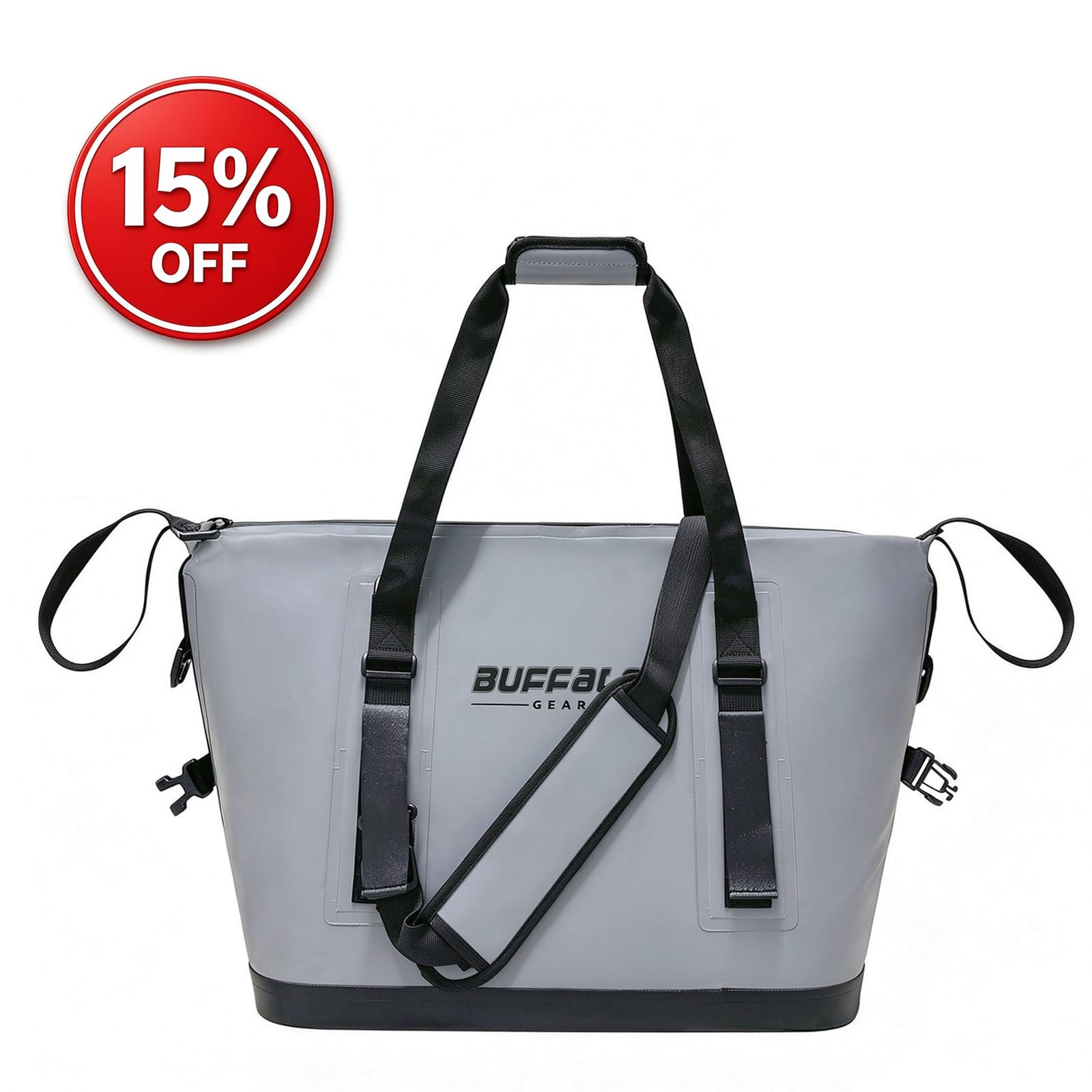 Buffalo Gear 24QT Seamless Fish Cooler Bag in gray with rod holder strap