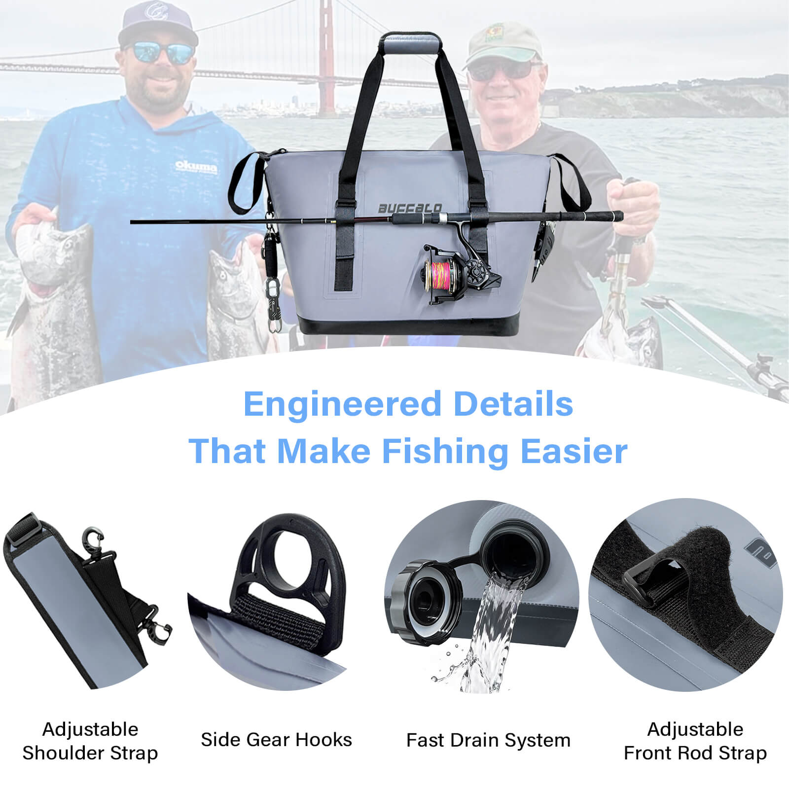 fishing tackle bag with rod holder Beyond The front pockets in the tackle backpack are designed for you to easily get tools/lures out while fishing Buffalo Gear 37QT Fish Kill
