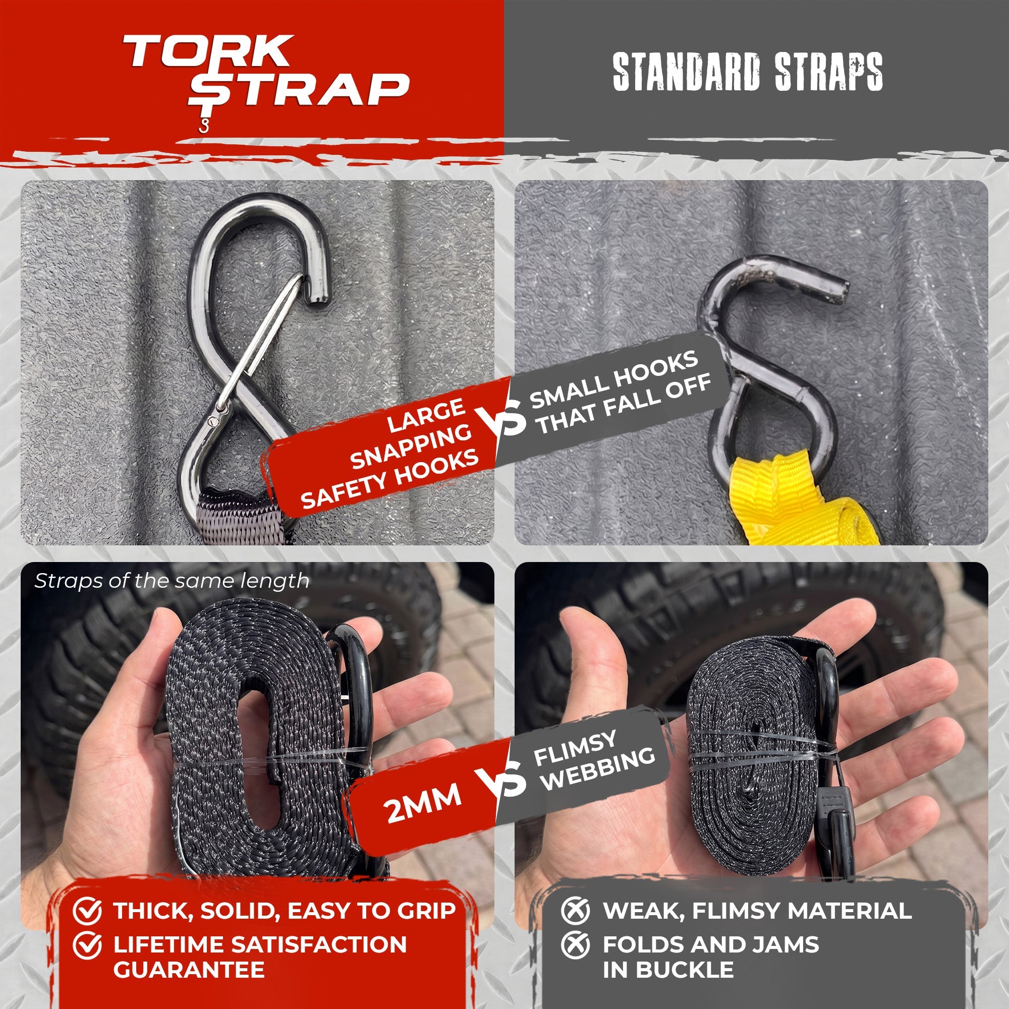TorkStrap HD750 | 14'x1.5'' Spring Loaded Tie Down Straps - 2250lb Max Load