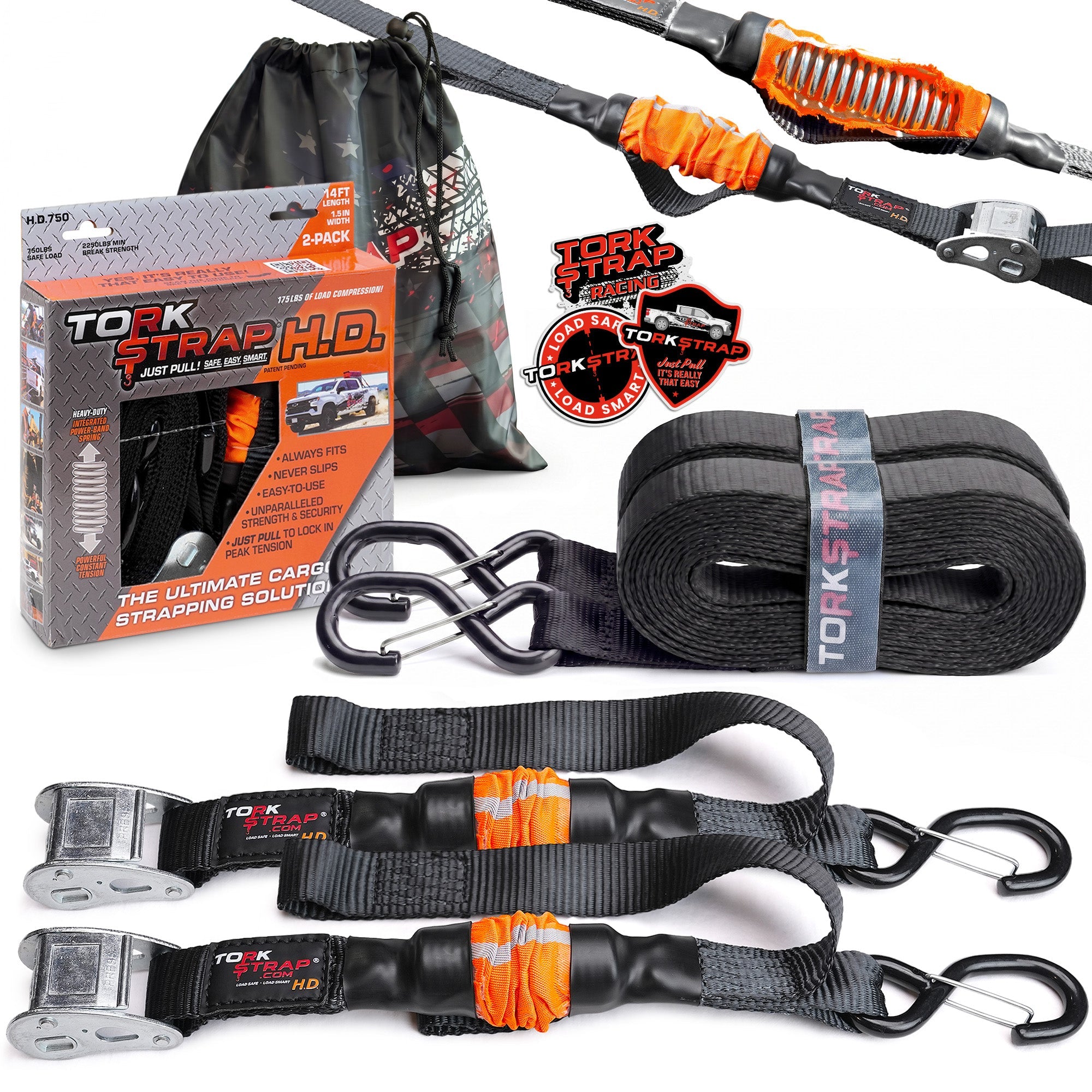 TorkStrap HD750 | 14'x1.5'' Spring Loaded Tie Down Straps - 2250lb Max Load