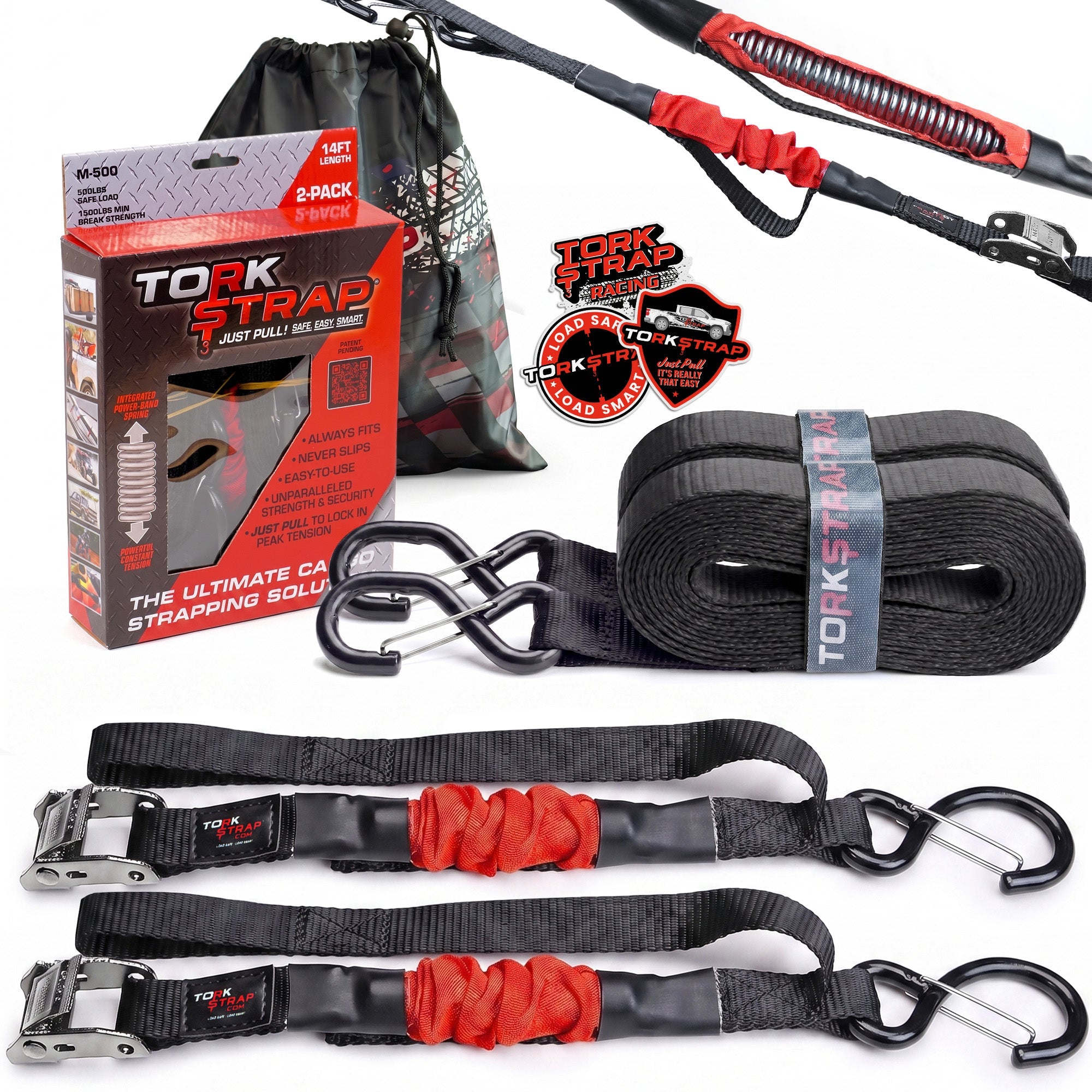 TorkStrap M500 | 14'x1'' Spring Loaded Tie Down Straps - 1500lbs Max Load